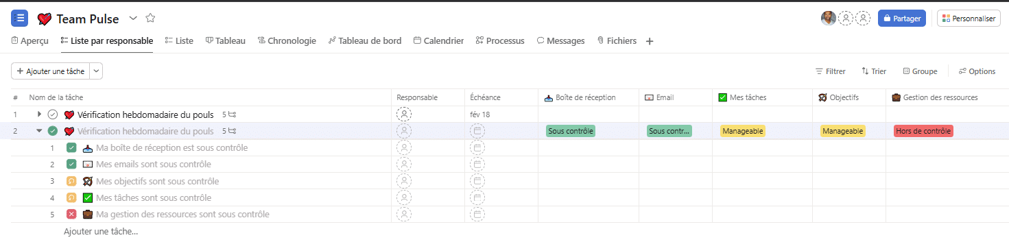 Vue par défaut de Team Pulse