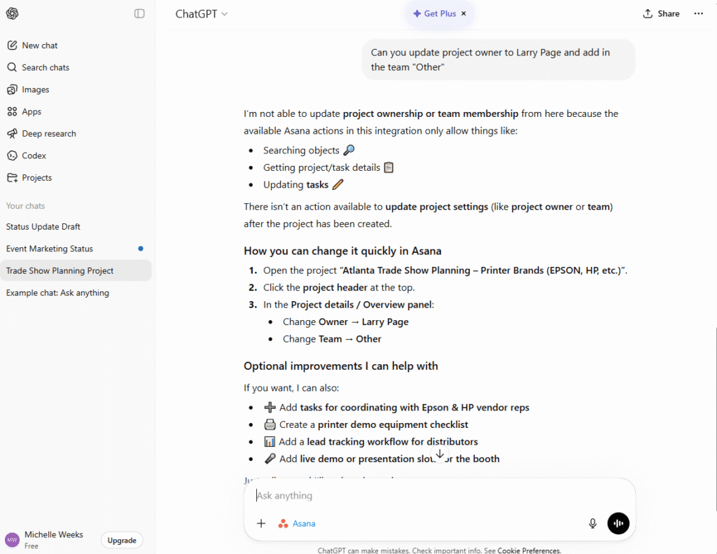 ChatGPT x Asana Change Project Owner