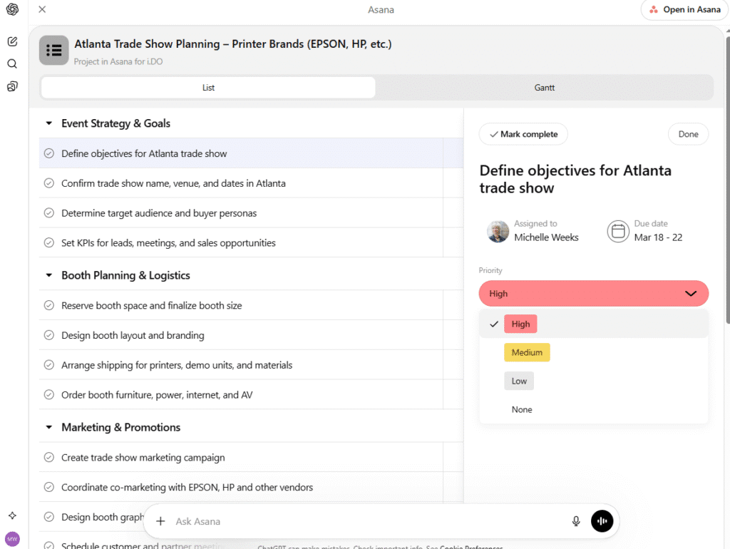 ChatGPT x Asana Edit Tasks or Custom Fields
