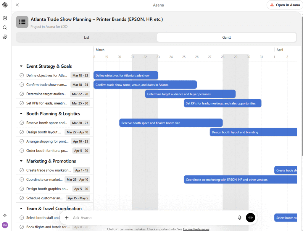 ChatGPT x Asana Gantt View