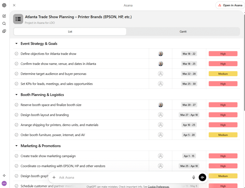 ChatGPT x Asana Project Creation