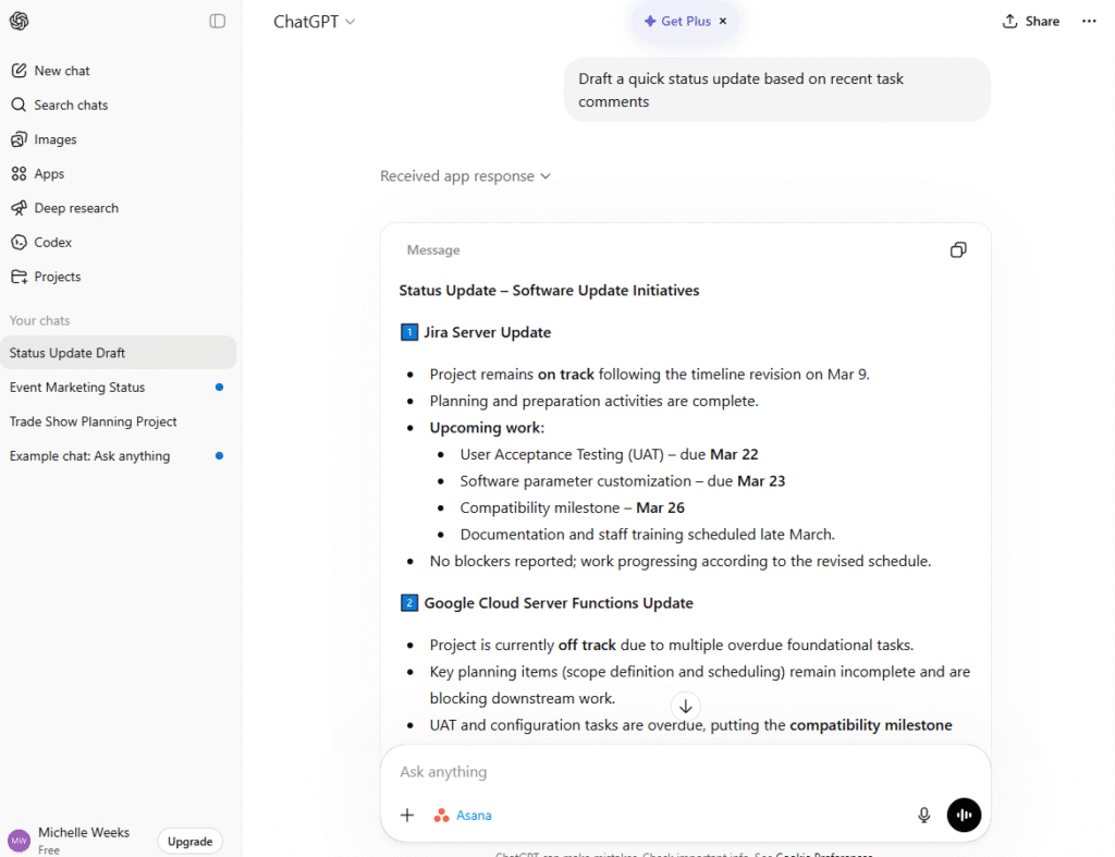 ChatGPT x Asana Quick Summaries